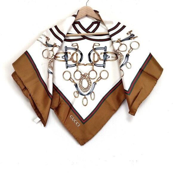 Auth GUCCI - Cream Brown Multi Scarf - Picture 1 of 12